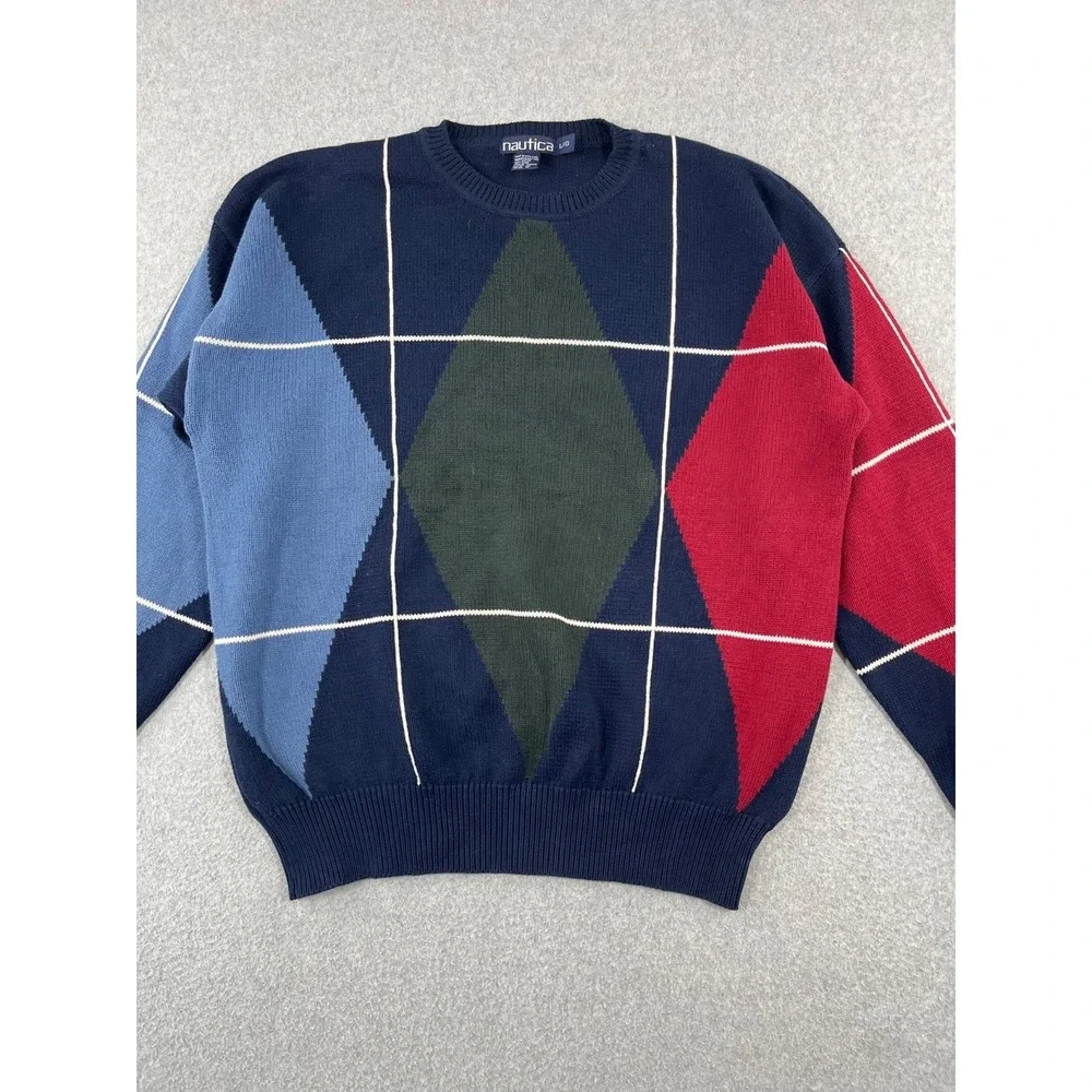 Vintage Nautica Sweater Mens L Blue Geometric Argyle White Windowpane 90s Crew